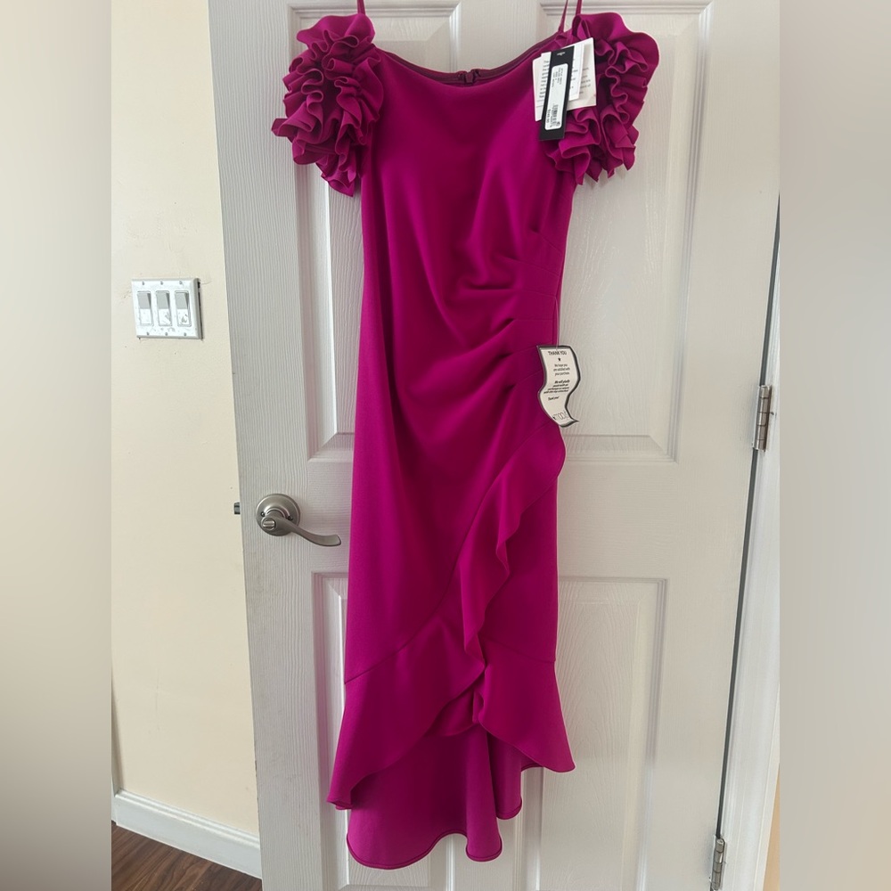 Xscape Fuchsia Asymmetrical Dress with Ruffle Sleeves Sz 4 new